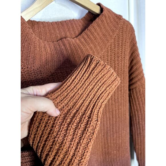 Aerie Burnt Orange Rust Brown Plush Knit Boatneck Cozy Fall Sweater - Picture 4 of 9